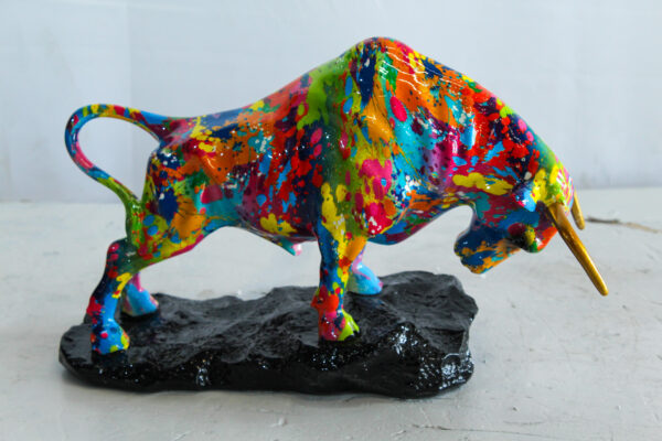 Colorful Resin Bull Statue with Splatter Art and Gold Horns   14" x 4" x 9"H - Image 2