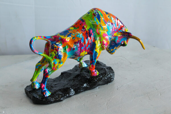 Colorful Resin Bull Statue with Splatter Art and Gold Horns   14" x 4" x 9"H - Image 3