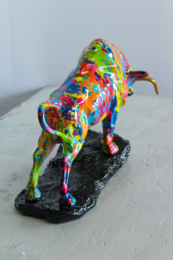 Colorful Resin Bull Statue with Splatter Art and Gold Horns   14" x 4" x 9"H - Image 4