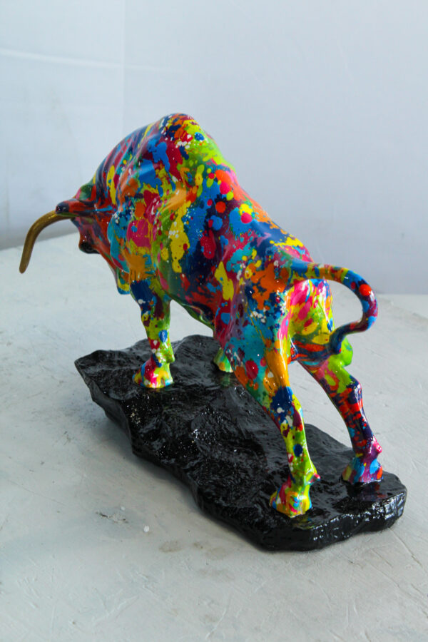 Colorful Resin Bull Statue with Splatter Art and Gold Horns   14" x 4" x 9"H - Image 5