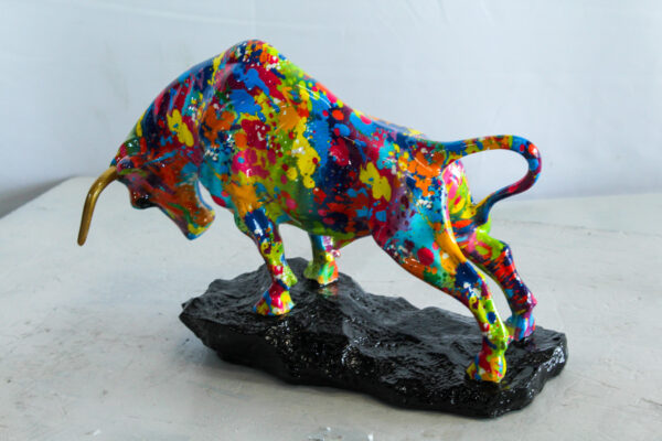 Colorful Resin Bull Statue with Splatter Art and Gold Horns   14" x 4" x 9"H - Image 6