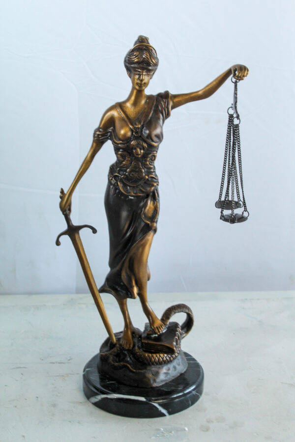 Bronze Lady Justice Statue with Sword Scales and Marble Base   9" x 6" x 16"H - Image 9