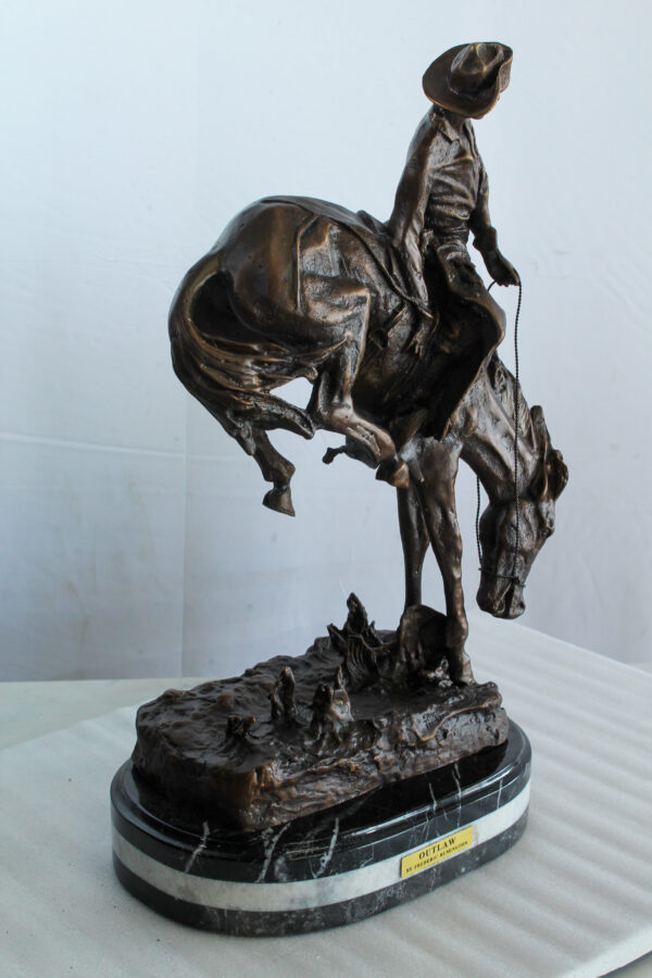 Outlaw Bronze Cowboy on Horse Statue, a Remington Replica 15" x 8" x 25"H - Image 13