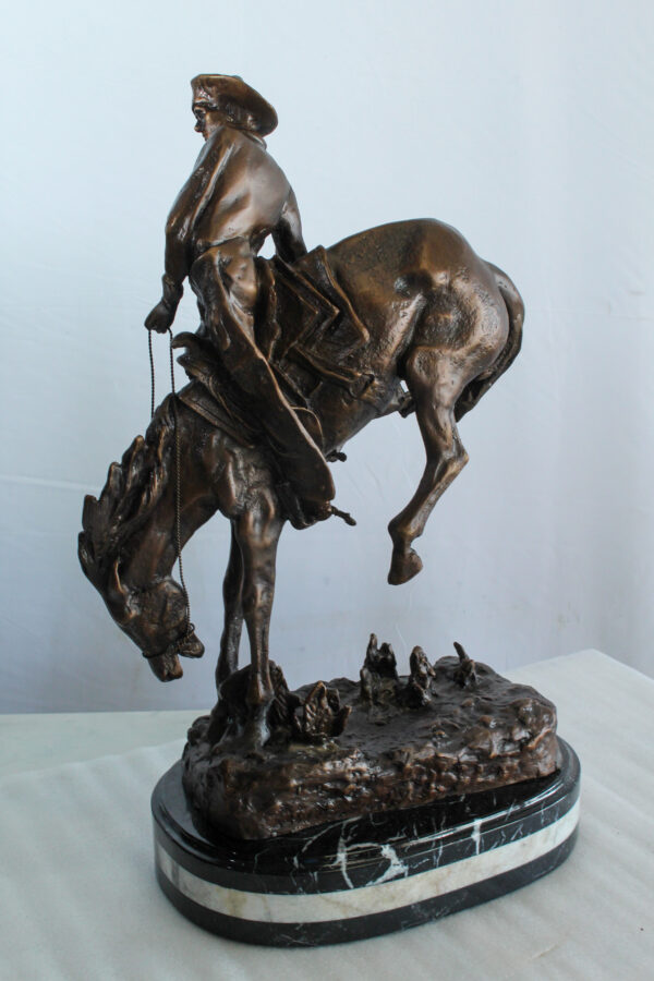 Outlaw Bronze Cowboy on Horse Statue, a Remington Replica 15" x 8" x 25"H - Image 5
