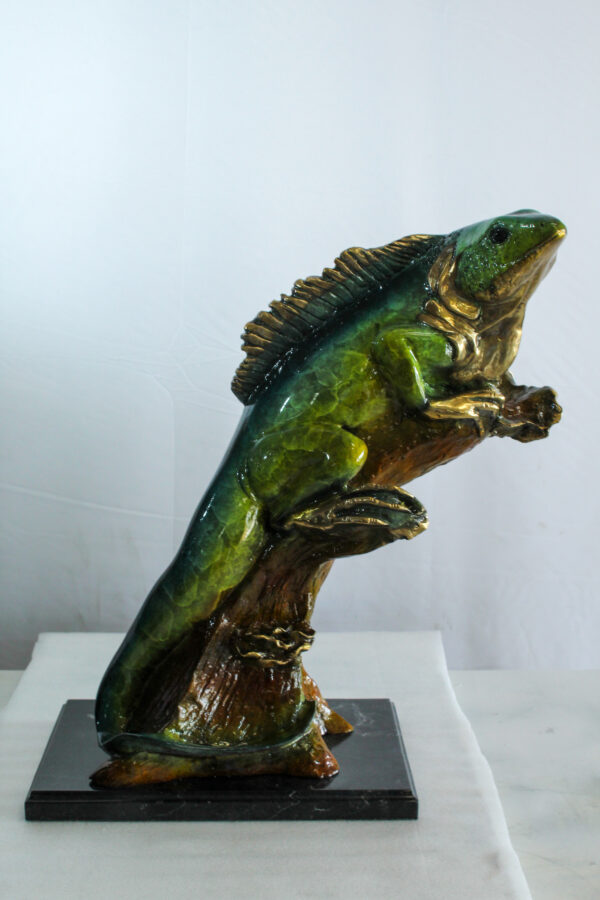 Bronze Iguana Statue on Tree Trunk Mounted on a Marble Base   20" x 7" x 22"H - Image 12