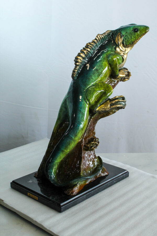 Bronze Iguana Statue on Tree Trunk Mounted on a Marble Base   20" x 7" x 22"H - Image 13