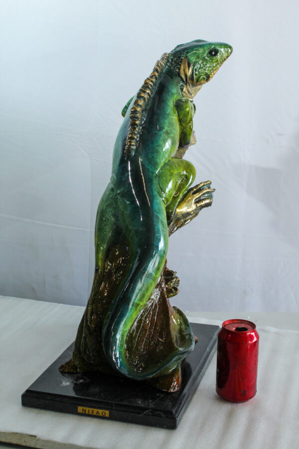 Bronze Iguana Statue on Tree Trunk Mounted on a Marble Base   20" x 7" x 22"H - Image 2