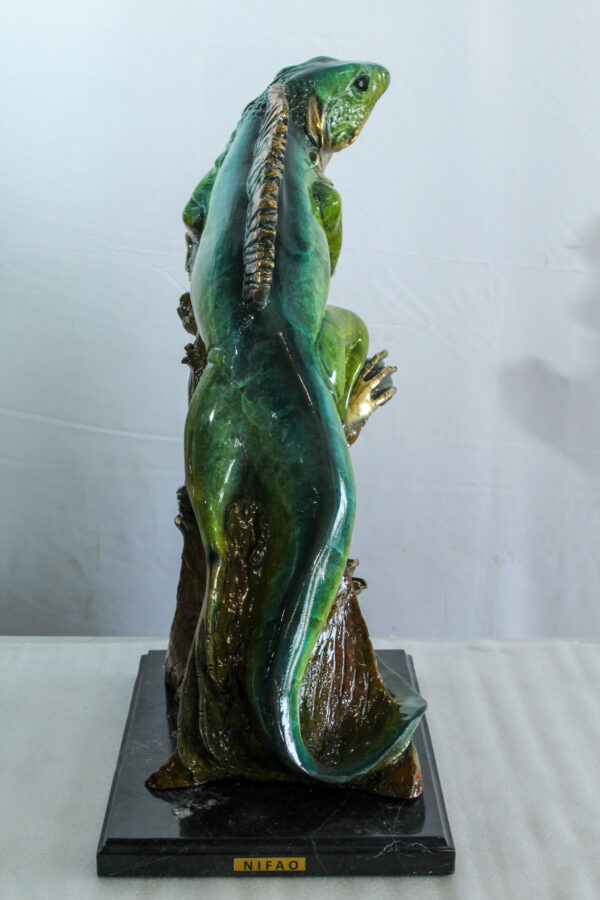 Bronze Iguana Statue on Tree Trunk Mounted on a Marble Base   20" x 7" x 22"H - Image 3