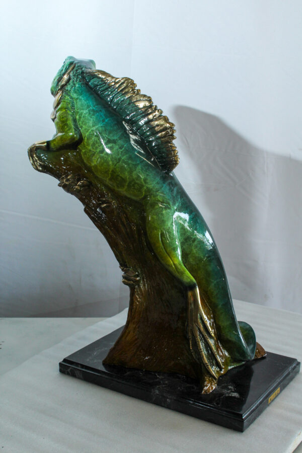 Bronze Iguana Statue on Tree Trunk Mounted on a Marble Base   20" x 7" x 22"H - Image 4