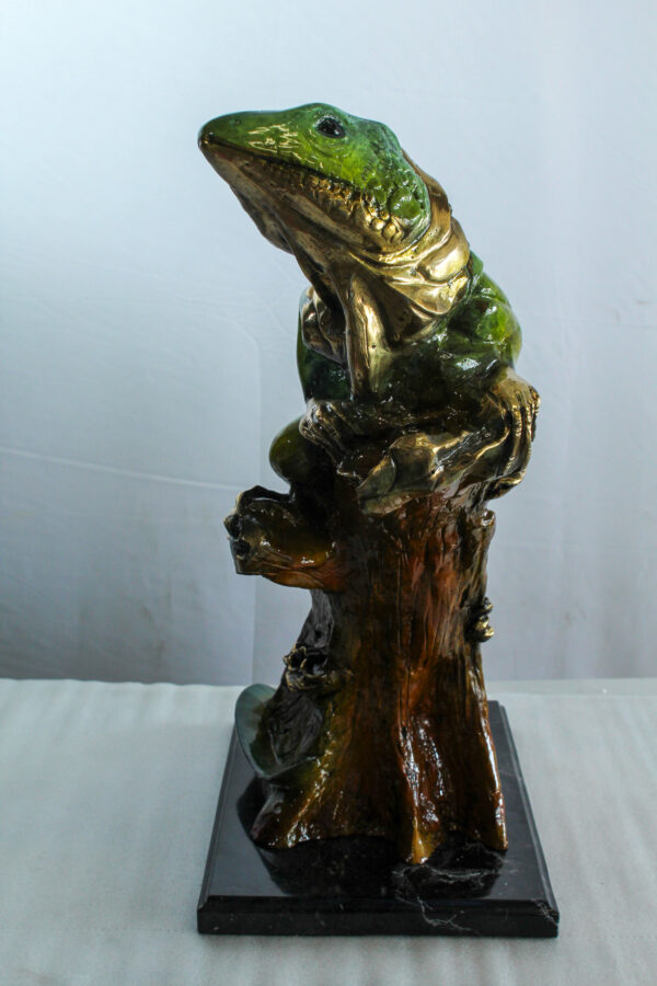 Bronze Iguana Statue on Tree Trunk Mounted on a Marble Base   20" x 7" x 22"H - Image 7
