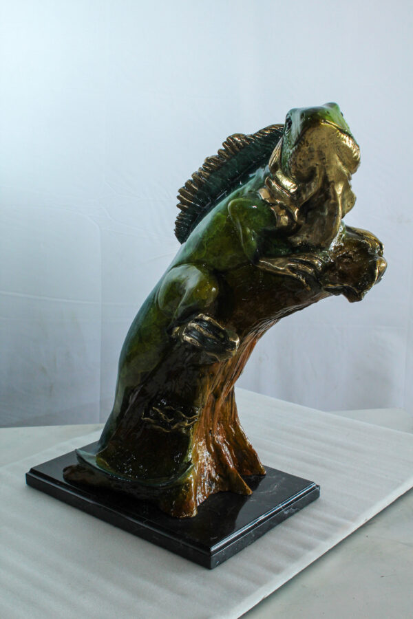 Bronze Iguana Statue on Tree Trunk Mounted on a Marble Base   20" x 7" x 22"H - Image 8