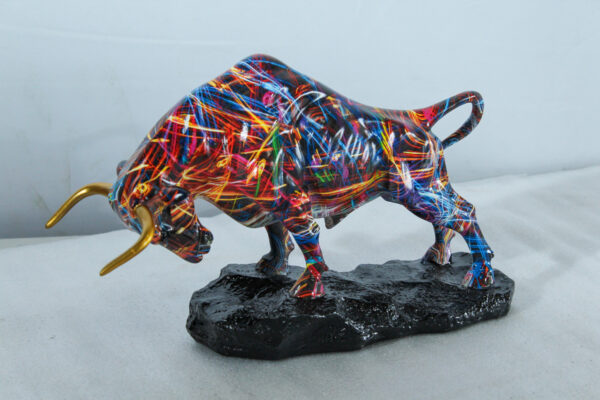 Colorful Resin Bull Statue with Streak Pattern and Gold Horns   14" x 4" x 9"H - Image 12