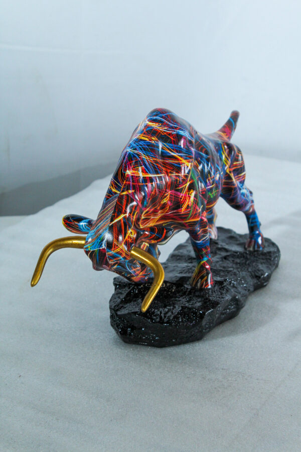 Colorful Resin Bull Statue with Streak Pattern and Gold Horns   14" x 4" x 9"H - Image 13