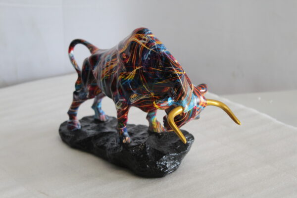 Colorful Resin Bull Statue with Streak Pattern and Gold Horns   14" x 4" x 9"H - Image 4