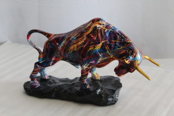 Colorful Resin Bull Statue with Streak Pattern and Gold Horns   14" x 4" x 9"H - Image 5