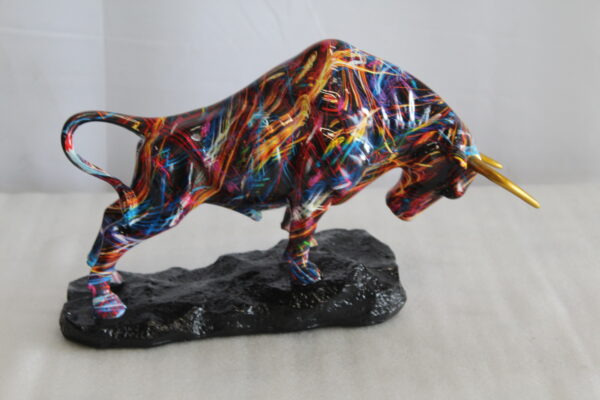 Colorful Resin Bull Statue with Streak Pattern and Gold Horns   14" x 4" x 9"H - Image 6