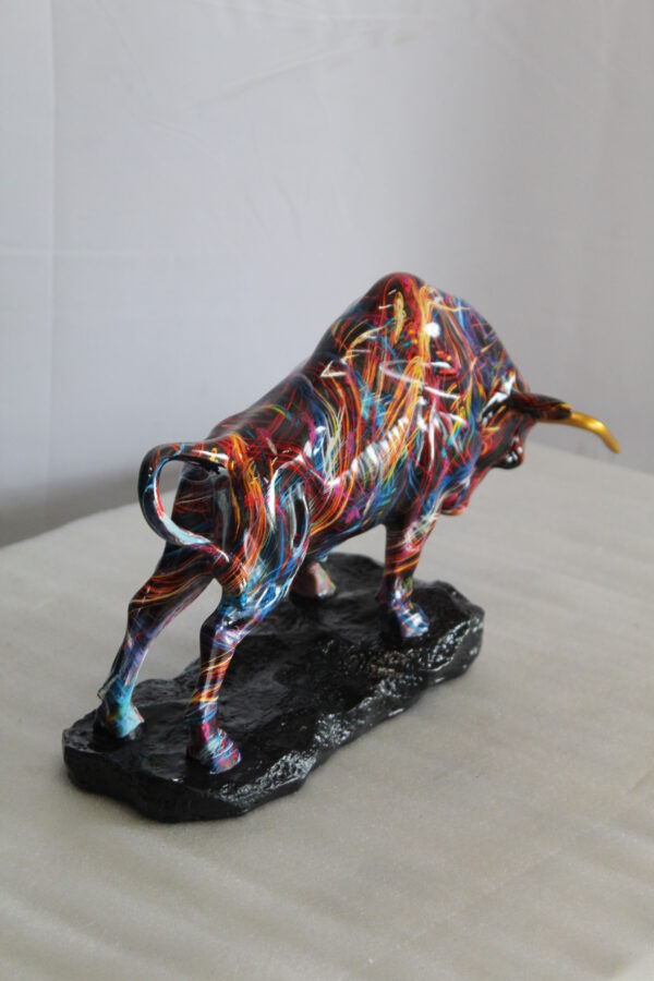 Colorful Resin Bull Statue with Streak Pattern and Gold Horns   14" x 4" x 9"H - Image 7