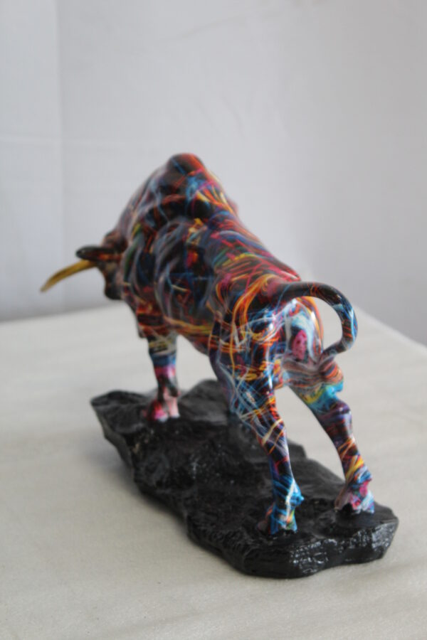Colorful Resin Bull Statue with Streak Pattern and Gold Horns   14" x 4" x 9"H - Image 8