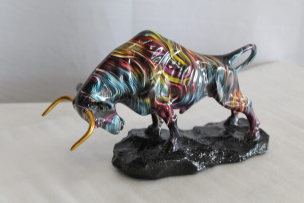 Resin Bull Statue with Swirling Multicolor Lines and Gold Horns   14" x 4" x 9"H - Image 13