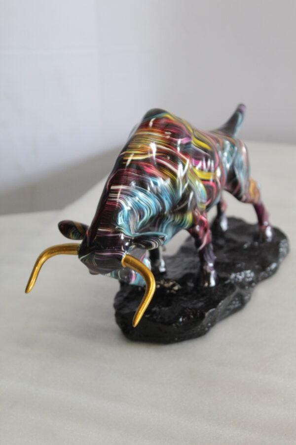 Resin Bull Statue with Swirling Multicolor Lines and Gold Horns   14" x 4" x 9"H - Image 2