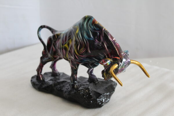Resin Bull Statue with Swirling Multicolor Lines and Gold Horns   14" x 4" x 9"H - Image 4