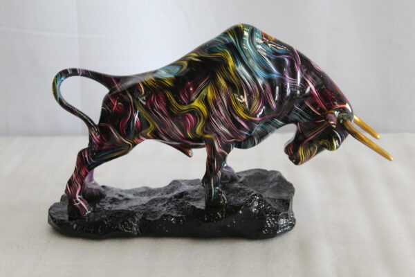 Resin Bull Statue with Swirling Multicolor Lines and Gold Horns   14" x 4" x 9"H - Image 5