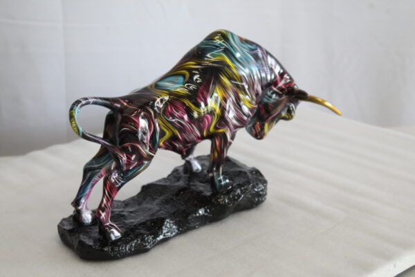 Resin Bull Statue with Swirling Multicolor Lines and Gold Horns   14" x 4" x 9"H - Image 6