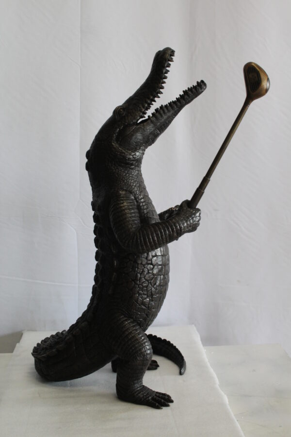 Bronze Alligator having Fun Statue Holding Golf Club 19" x 23" x 36"H - Image 12