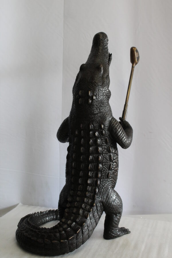 Bronze Alligator having Fun Statue Holding Golf Club 19" x 23" x 36"H - Image 13