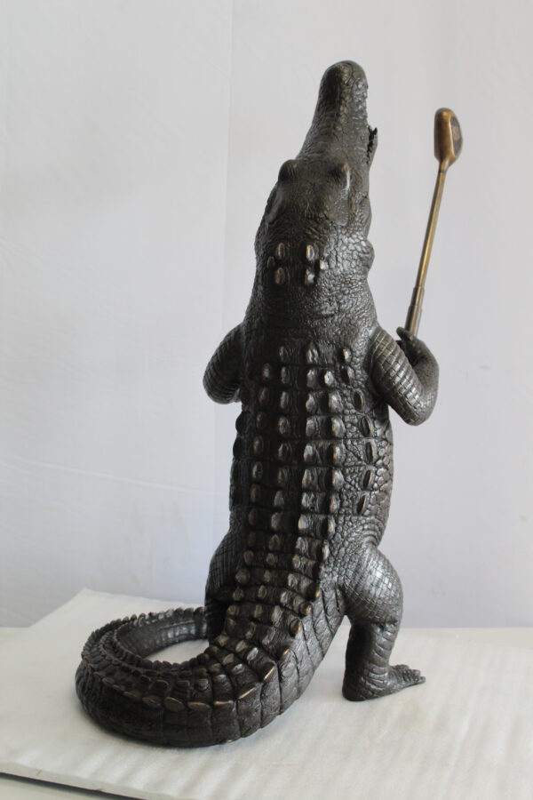 Bronze Alligator having Fun Statue Holding Golf Club 19" x 23" x 36"H - Image 2