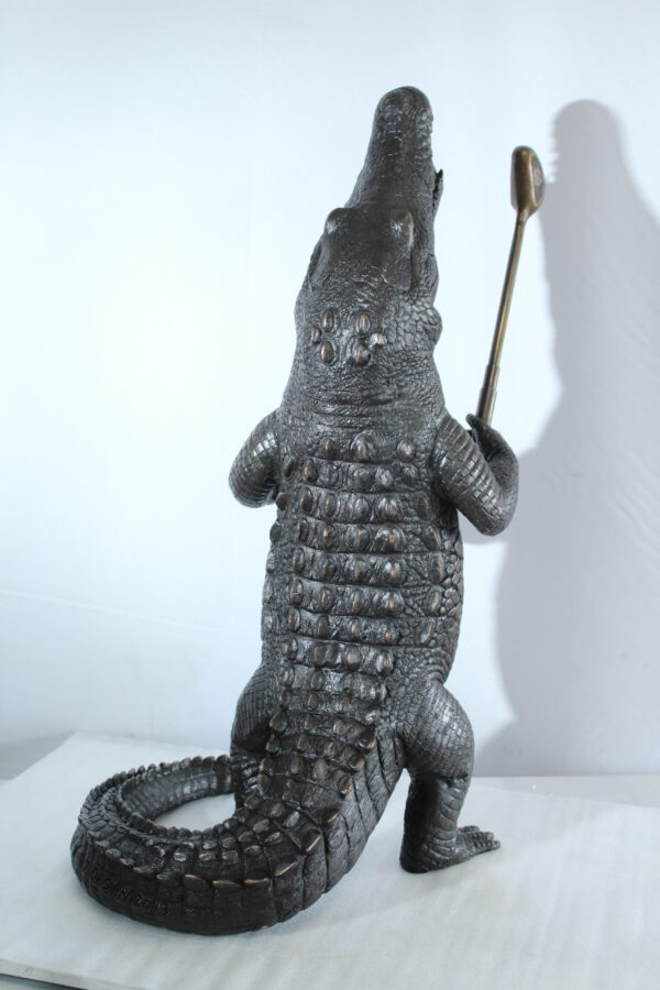 Bronze Alligator having Fun Statue Holding Golf Club 19" x 23" x 36"H - Image 3