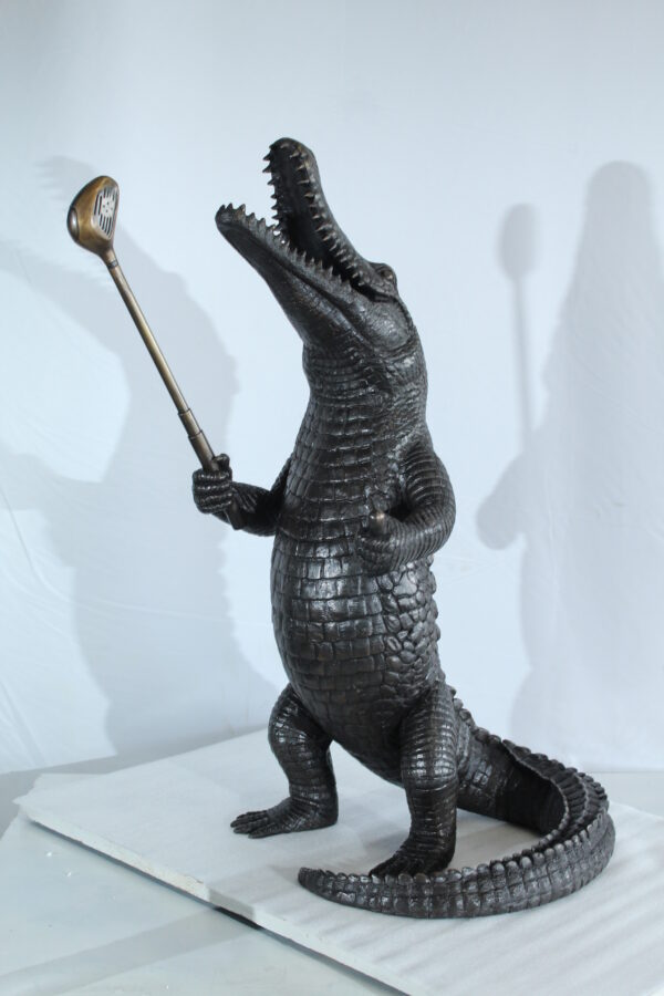 Bronze Alligator having Fun Statue Holding Golf Club 19" x 23" x 36"H - Image 7