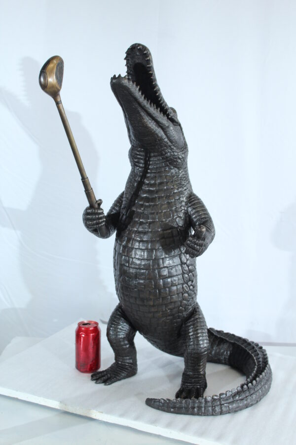 Bronze Alligator having Fun Statue Holding Golf Club 19" x 23" x 36"H - Image 8
