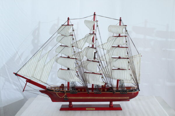 Red Wooden Sailboat Model with Cloth Sails and Details 33" x 6" x 24"H - Image 11