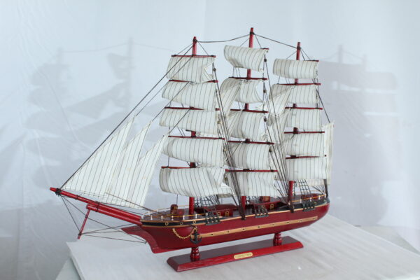 Red Wooden Sailboat Model with Cloth Sails and Details 33" x 6" x 24"H - Image 13