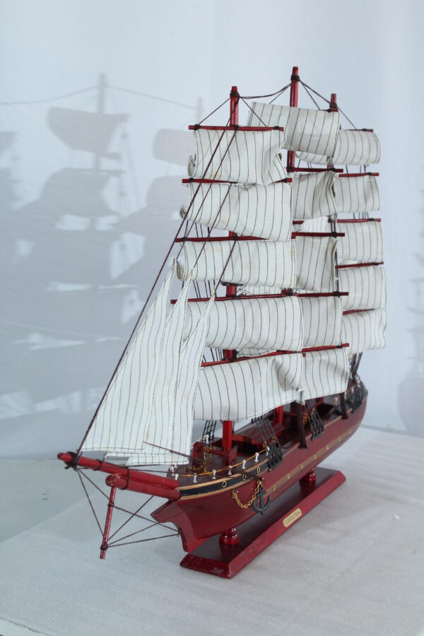 Red Wooden Sailboat Model with Cloth Sails and Details 33" x 6" x 24"H - Image 12