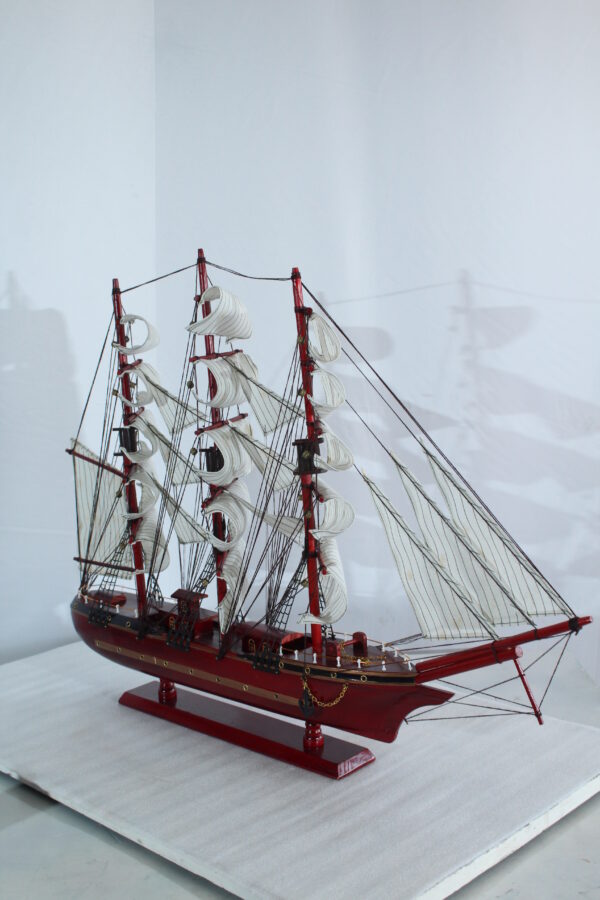 Red Wooden Sailboat Model with Cloth Sails and Details 33" x 6" x 24"H - Image 3