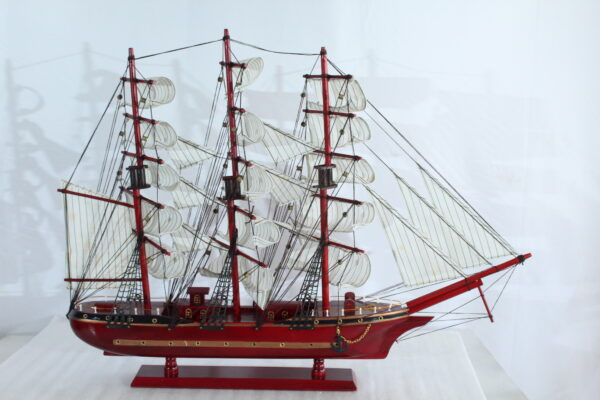 Red Wooden Sailboat Model with Cloth Sails and Details 33" x 6" x 24"H - Image 4