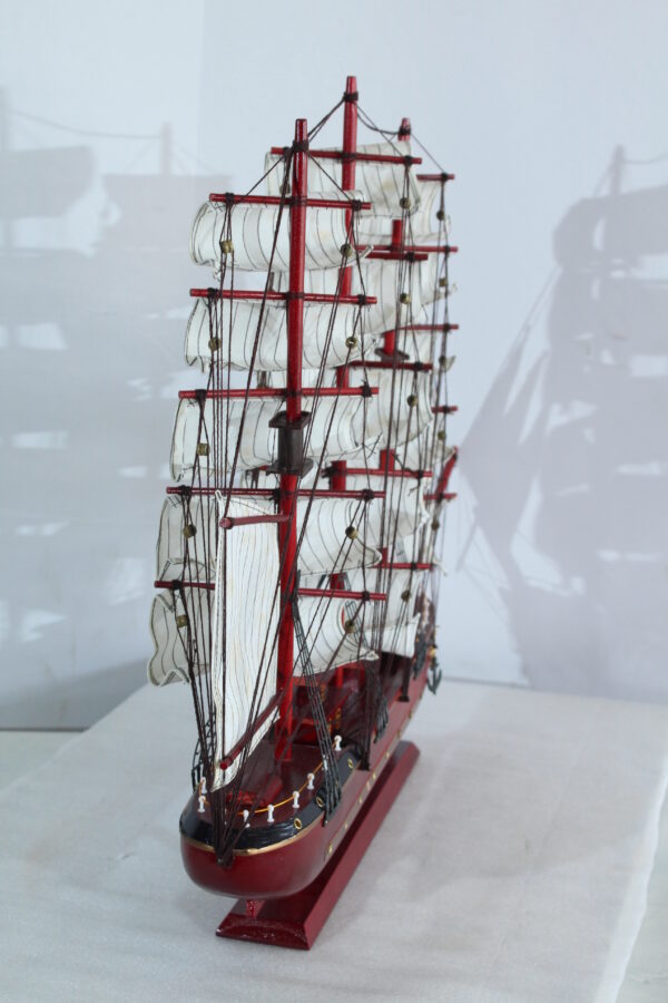 Red Wooden Sailboat Model with Cloth Sails and Details 33" x 6" x 24"H - Image 6