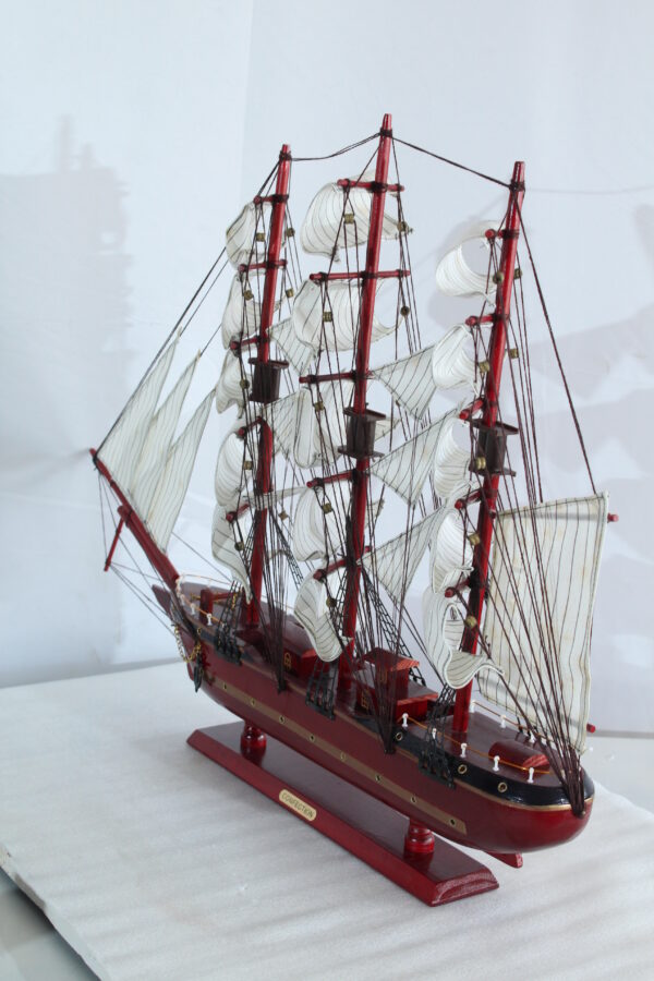 Red Wooden Sailboat Model with Cloth Sails and Details 33" x 6" x 24"H - Image 7