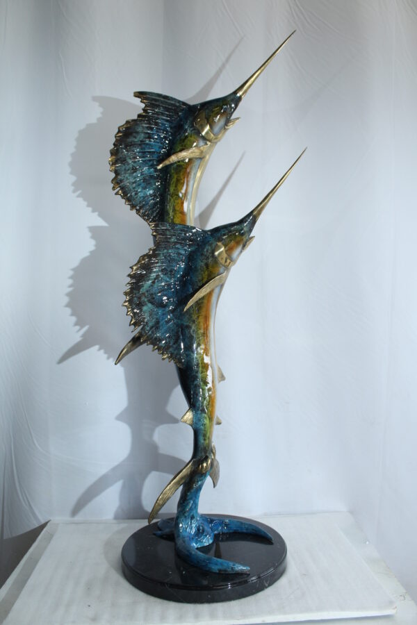 Twin Sailfish Bronze Statue with Colorful Enamel Finish 17" x 17" x 56"H - Image 3
