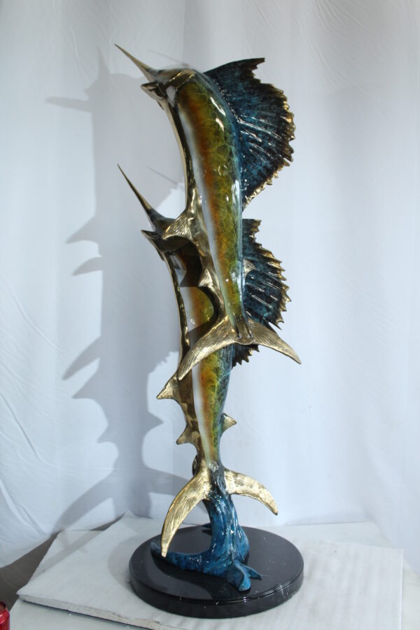 Twin Sailfish Bronze Statue with Colorful Enamel Finish 17" x 17" x 56"H - Image 6