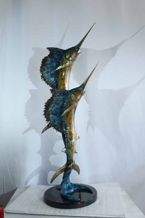 Twin Sailfish Bronze Statue with Colorful Enamel Finish 17" x 17" x 56"H - Image 10