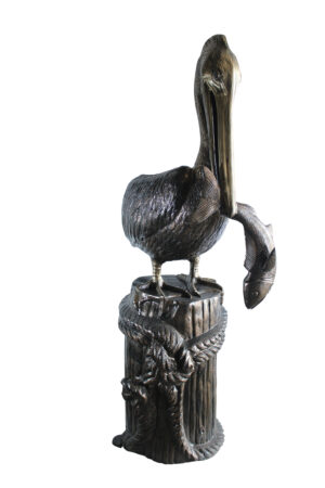 Giant Aluminum Pelican Statue Catching Fish on Dock Post 40" x 33" x 78"H