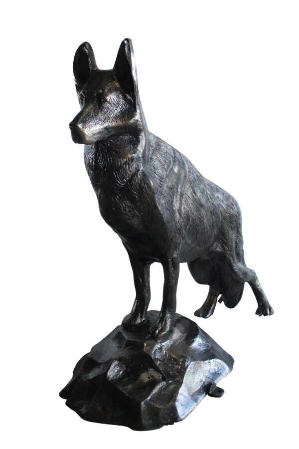 Giant Aluminum German Shepherd Statue Standing on Rock Base 46" x 20" x 49"H