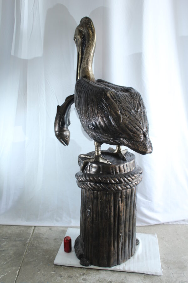 Giant Aluminum Pelican Statue Catching Fish on Dock Post 40" x 33" x 78"H - Image 2