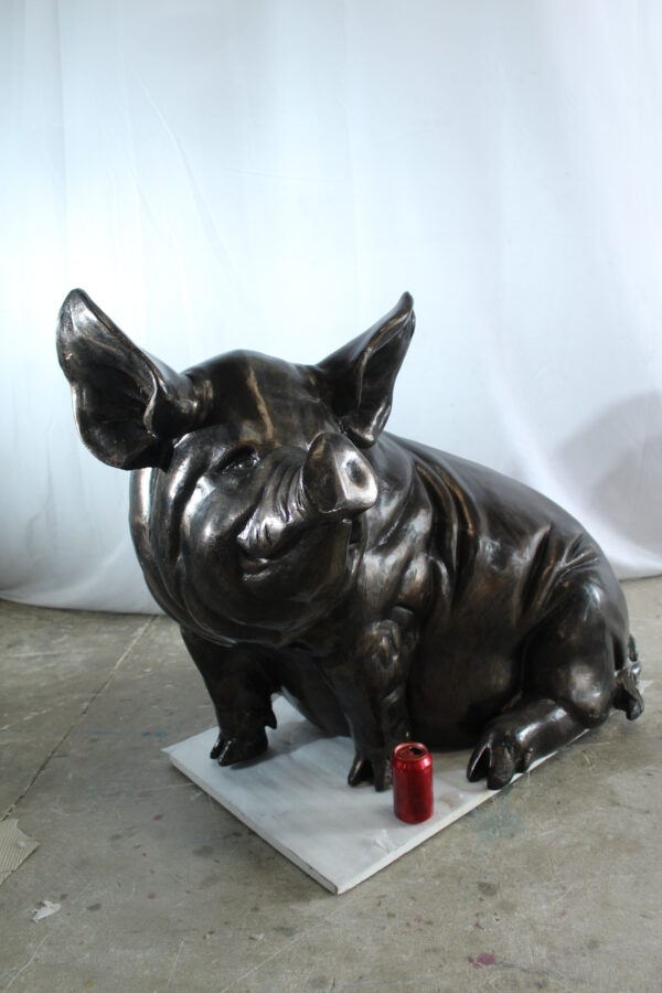 Large Sitting Pig Aluminum Statue with Realistic Details 43" x 27" x 35"H - Image 3