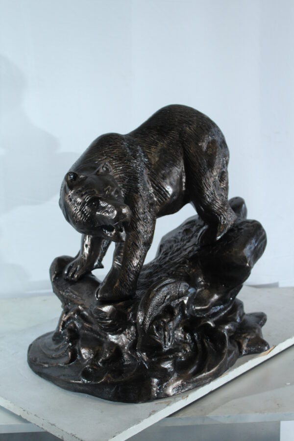 Aluminum Bear Catching Fish Statue with River Rock Detail 25" x 15" x 22"H - Image 11