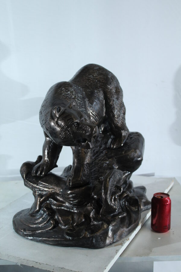 Aluminum Bear Catching Fish Statue with River Rock Detail 25" x 15" x 22"H - Image 12