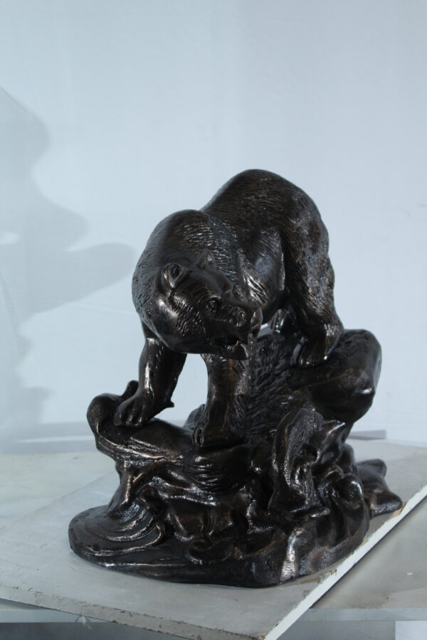 Aluminum Bear Catching Fish Statue with River Rock Detail 25" x 15" x 22"H - Image 13